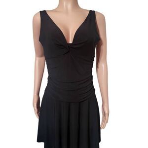 Onyx nite black v neck asymmetric ruched dress 12/L